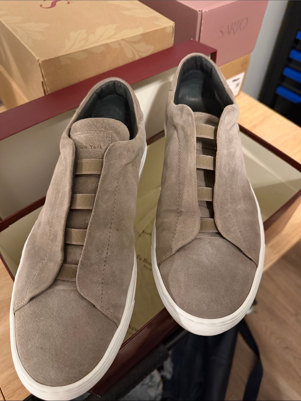 To Boot Taupe Suede Slip-On Sneakers with White Sole